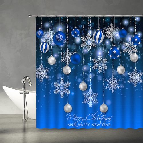 ASVEAS Merry Christmas Shower Curtain Blue Christmas Balls Winter Snowflake Silver Happy New Year Xmas Holiday Fabric Bathroom Decor Set with Hooks?70" WX70 H?