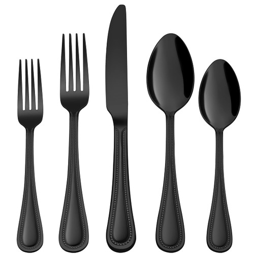 20-Piece Black Silverware Set, HaWare Stainless Steel Flatware Service for 4, Pearled Edge Tableware Cutlery Include Knife/Fork/Spoon, Beading Eating Utensil for Home, Mirror Polished, Dishwasher Safe