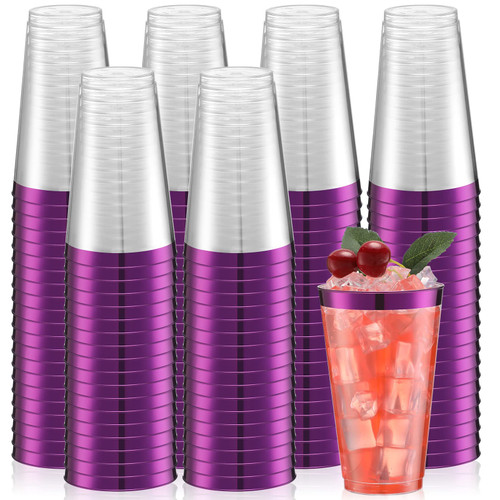 100 Pcs 16oz Disposable Cups Rimmed Plastic Cups Disposable Wine Glasses Clear Plastic Tumblers with Rim Plastic Cocktail Cups for Birthday Wedding Graduation Party (Purple)