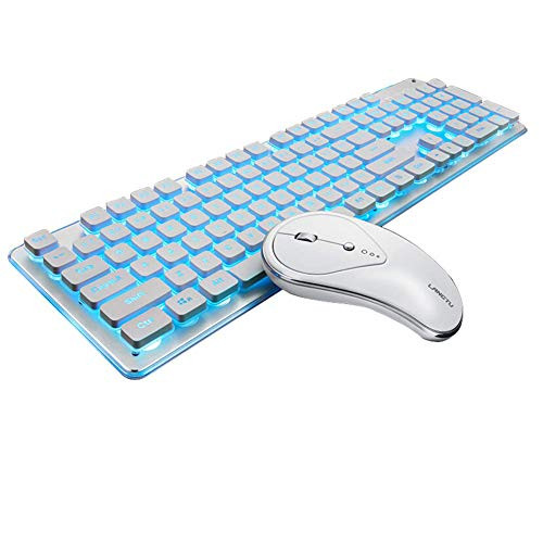 2.4G Wireless Keyboard and Mouse Combo, Backlit Glowing Keyboard Silent Gaming Mouse Combo for Laptop, Computer and Mac (White)