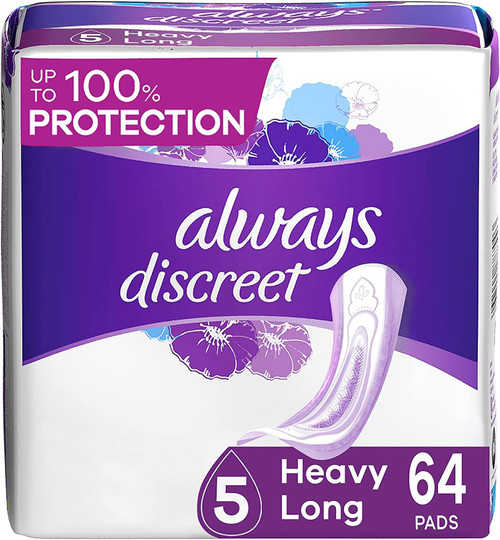 Always Discreet Adult Incontinence & Postpartum Pads for Women, Size 5, Heavy Absorbency, Long Length, 32 Count x 2 Pack (64 Count total) Always Discreet Adult Incontinence & Postpartum Pads for Women, Size 5, Heavy Absorbency, Long Length, 32 Count x 2 Pack (64 Count total)