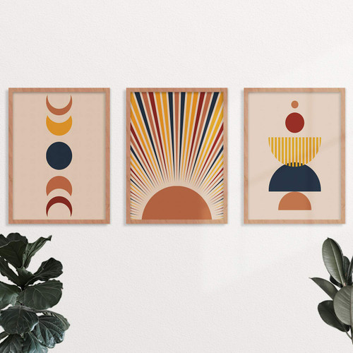 YUMKNOW Boho Sun Wall Art - Umframed 8x10 Set of 3, Drawing Line Mid Century Modern Decor for Bedroom, Minimalist Wall Prints for Living Room, Terracotta Moon Aesthetic Posters Bathroom Office Gifts