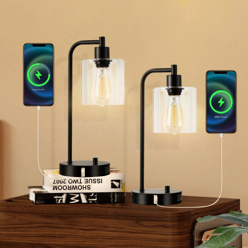 Set of 2 Industrial Table Lamps with USB Ports and AC Power Outlet, Fully Dimmable Lamps for Bedroom, Bedside Lamps for Living Room, Bedroom Lamps for Nightstand with Seeded Glass Shade(Bulb Included)