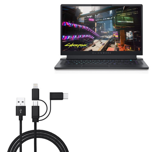 BoxWave Cable Compatible with Dell Alienware x15 R2 - AllCharge 3-in-1 Cable for Dell Alienware x15 R2 - Jet Black