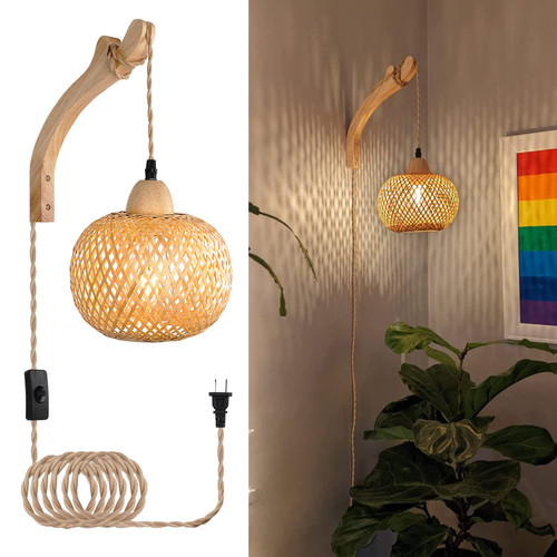 Frideko Bamboo Lantern Plug in Wall Sconces Wicker Lamp with Plug in Cord Hand Woven Rattan Wall Light Farmhouse Rustic Boho Sconces Wall Lighting for Living Room Bedroom