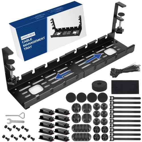 Under Desk Cable Management Tray, Retractable No Drill Cable Management Under Desk, Wire Management Tray with 148 PCS Cable Management Kit for Wire Management, Desk Cord Organizer for Home Office