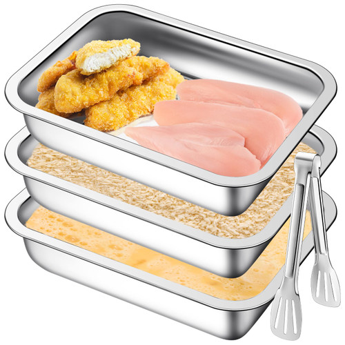 Mumufy Breading Trays Set of 3 Large Stainless Steel Breading Pans with Tong for Dredging Chicken Breasts and Marinating Meat, Food Prep Trays for Breadcrum Dishes (10.63 x 7.87 x 2.75 Inches)