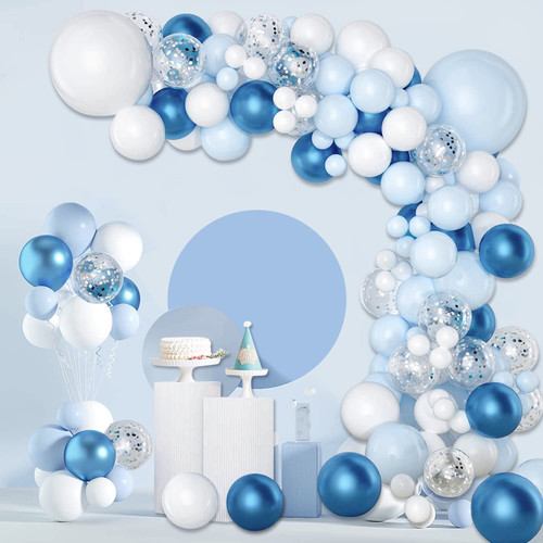 Baby Light Blue Balloons Garland Arch Kit,Blue White Confetti Silver Metallic Blue Latex Balloons for Baby Shower,Bridal,Wedding,Birthday,Anniversary Party