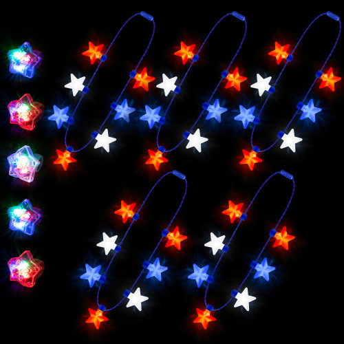 10PCS 4th of July Accessories, Independence Day Light up Necklace Rings Bulk, Glow Fourth of July Rings 7 Bulb Necklaces, Patriotic Red Blue White Stars Accessories for Flag Day Parades Party Favors