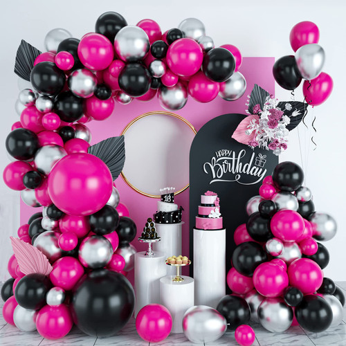 Hot Pink Balloons Arch Kit, Hot Pink Balck Balloon Garland Kit with Metalic Silver Ballons, Latex Party Balloons For Birthday Decoration Wedding Baby Shower Engagement DIY Decoration Party Supplies Hot Pink Balloons Arch Kit, Hot Pink Balck Balloon Garland Kit with Metalic Silver Ballons, Latex Party Balloons For Birthday Decoration Wedding Baby Shower Engagement DIY Decoration Party Supplies