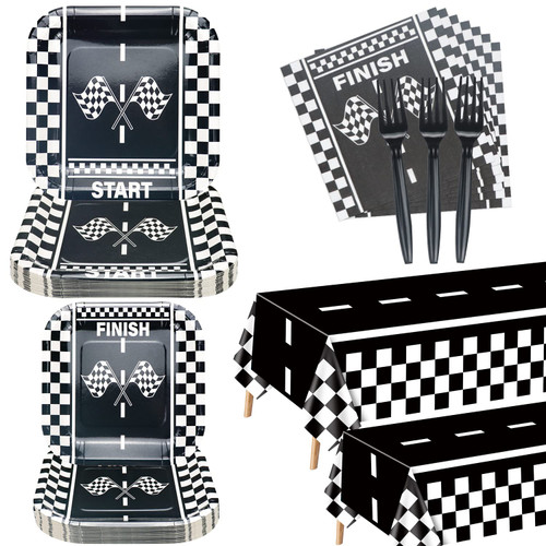 162Pcs Racing Car Party Decorations - Black and White Checkered Racing Car Tableware Set, Race Car Plates Napkins Forks Tablecloth for Kids' Race Car Themed Birthday Party, Serves 40 162Pcs Racing Car Party Decorations - Black and White Checkered Racing Car Tableware Set, Race Car Plates Napkins Forks Tablecloth for Kids' Race Car Themed Birthday Party, Serves 40