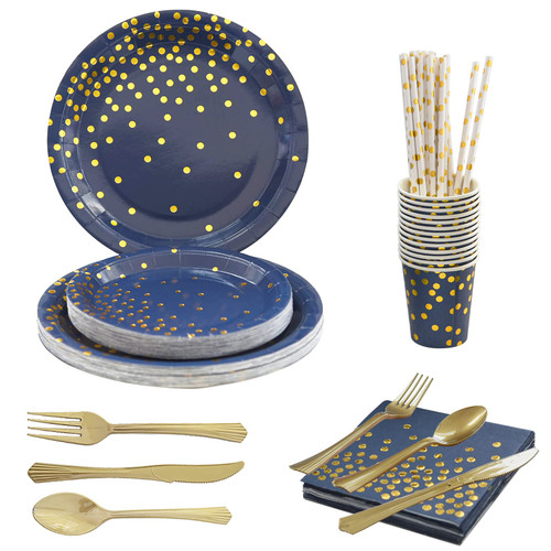 200 Pcs Disposable Tableware Set for 25 Guests Dark Blue and Gold Dot Disposable Paper Birthday Plates Dinnerware Includes Dinner Plates Dessert Plates Forks Knives Spoons Cups Napkins Straws