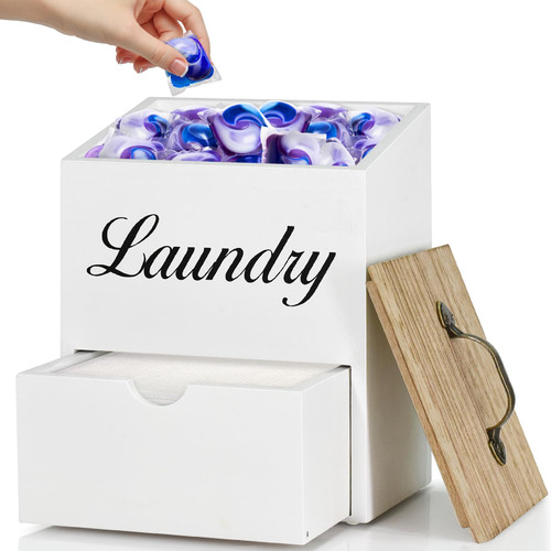 Dryer Sheet Container with Drawer and Lid, Wood Dryer Sheet Holder for Laundry Room Organization, Laundry Pods Container, Dryer Sheet Dispenser, Laundry Pod Holder Wall Mount for Laundry Room Decor