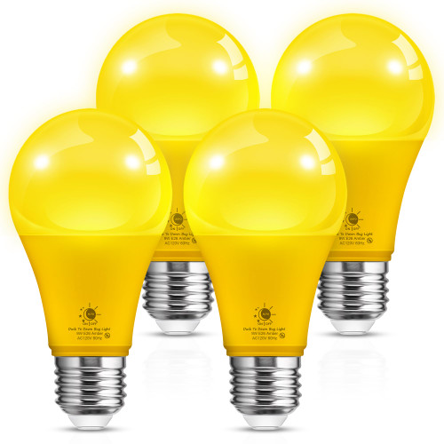 LOHAS Yellow Light Bulbs, A19 Dusk to Dawn Bug Light Bulbs, LED Bug Light Bulbs Outdoor, 60W Equivalent, 2000K Amber Glow, 9W Photocell Sensor LED, Auto On/Off Porch Light E26 Base, 4 Pack