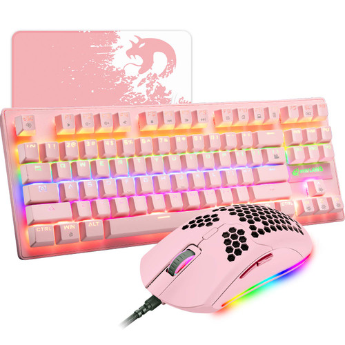 Pink Mechanical Gaming Keyboard Blue Switch Mini 87 Keys Wired Rainbow LED Backlit Keyboard Professional Lightweight Gaming Mouse Gaming Mice Pad for Gamers and Typists