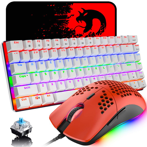 Gaming Keyboard and Mouse,3 in 1 Rainbow LED Backlit Wired Mechanical Keyboard Blue Switch,RGB 6400 DPI Lightweight Gaming Mouse with Honeycomb Shell,Gaming Mouse Pad for PC Gamers