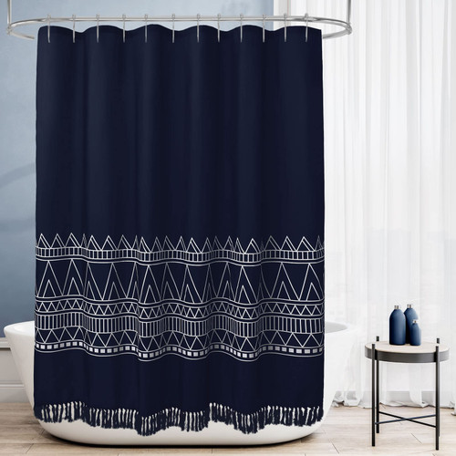 MitoVilla Navy Blue Boho Shower Curtain Set, Modern Farmhouse Shower Curtain, Abstract Tassel Shower Curtain for Blue Bathroom Decor, Tribal Fabric Standard Shower Curtain, 72 x 72