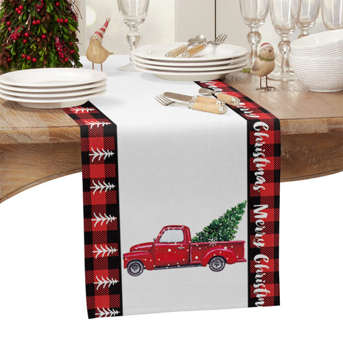 Cotton and Linen Table Runner- 13 x 70 Inch, Merry Christmas Red Truck Pull Xmas Tree Decorative Table Runner for Family Dinner, Outdoor or Indoor Parties Christmas & Gathering