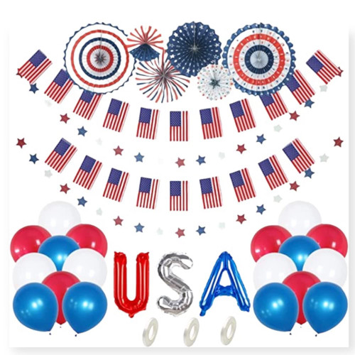 Fourth of July Decorations - 4th of July Decor Patriotic Party - USA Red White Blue Balloons Star Bunting - Independence Day American Flag Garland - Memorial Day Decorations Paper Fans by Jolly Jon