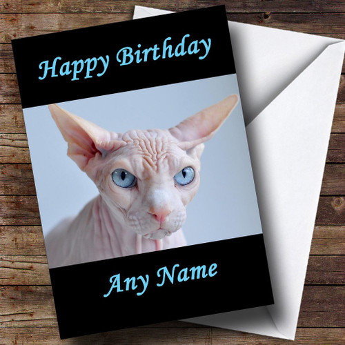 Blue Eyed Sphynx Cat Personalized Birthday Greetings Greetings Card