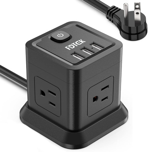 Power Strip with USB, FDTEK Flat Plug Extension Cord with 4 Outlets and 3 USB Ports 10 FT Desk Power Strip Cube Overload Protection Compact Portable for Travel Home Office Cruise Ship - Black