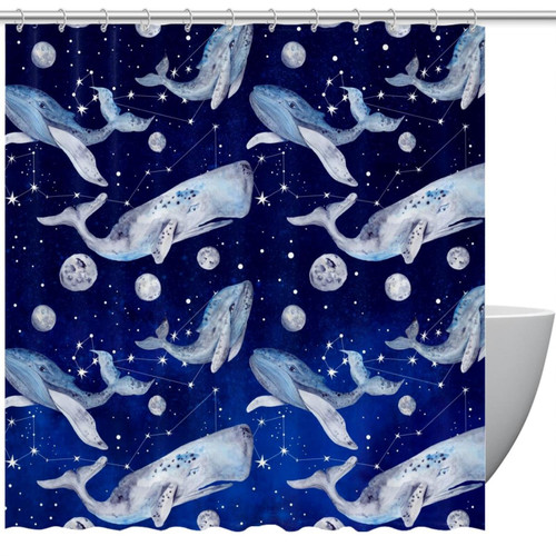 VAPOKF Shower Curtain for Bathroom Decor, Blue Night Space with Whales Planets Waterproof Polyester Fabric Bath Curtain Set with 12 Hooks - 66x72 Inches