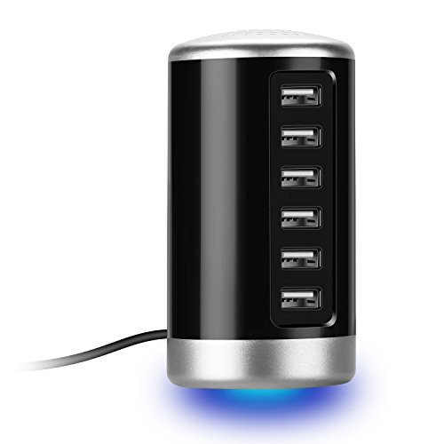 USB Charger, Universal 6-Port Desktop USB Hub/Charging Station Tower with Smart Identification Technology for Apple iOS, Android & Virtually All Other USB Enabled Devices Black