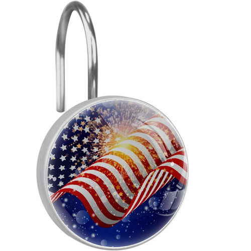Shower Curtain Hooks Round Crystal Glass, Set of 12 Shower Curtain Rings - Shower Hooks for Curtain Shower Rings, American Flag Background with Firework