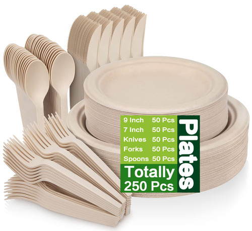 250 Piece Compostable Paper Plates Set with Extra Long Utensils, Sugarcane Fibers Disposable Dinnerware Set, Eco Friendly Biodegradable Plates, Cups, Spoons, Fork for Party, Camping, Picnic