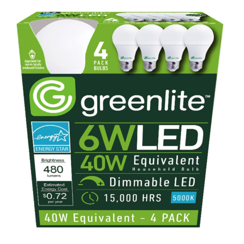 Greenlite A19 E26 (Medium) LED Bulb Daylight 40 Watt Equivalence 4 pk - Total Qty: 1, White (6W/OMNID/50K/4)