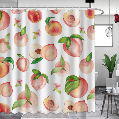 APROPHIC Pink Peach Shower Curtain Watercolor Cute Fruit Shower Curtain for Bathroom Decor Accessories Green Leaves Plant Waterproof Polyester Fabric Bath Curtain with 12 Hooks,72"*72"