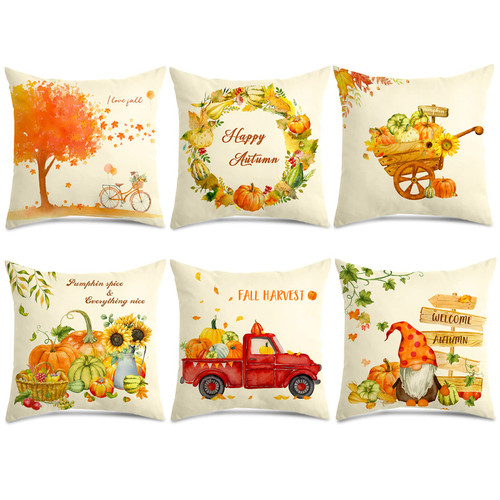 Remagr 6 Pack Fall Pillow Covers 18 x 18 Inch Fall Throw Pillow Covers Pumpkin Harvest Pillow Covers Maple Leaves Pumpkin Bicycle Truck Cushion Covers Autumn Farmhouse Cushion Cases Home Sofa Decor