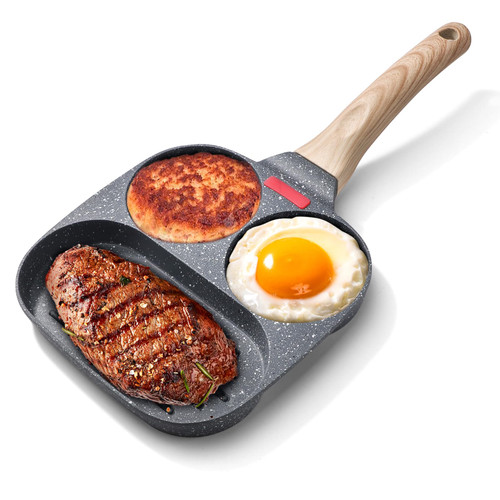Biioistle Nonstick Egg Frying Pan 3 Section Square Grill Pan Divided Omelet Pan for Burger Bacon Egg Muffins and Gas Stove(Black) (Style01)