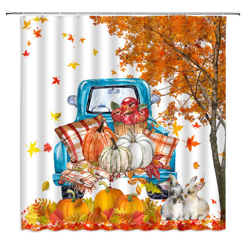 WUASDCS Fall Pumpkin Truck Shower Curtain Autumn Forest Maple Leaf Watercolor Pumpkins Car Thanksgiving Harvest Farmhouse Farm Fruit Vegetable Rabbit Bath Decor Curtains with Hook Orange Red