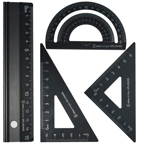 RODMAIE Metal Architects Scale Ruler Set 4 PCS Technical Drawing Set, Math Geometry Tool, Protractor, Triangular, Architect Ruler Set for Student (Black)