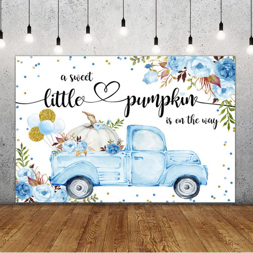 Lofaris Little Pumpkin Boy Baby Shower Photography Backdrops Props Fall Autumn Blue Floral Prince Baby Shower Party Decoration Car Gold Balloon Flowers Photo Studio Booth Background Banner 5x3ft