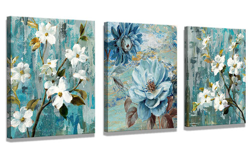 Flower Wall Art Bathroom Wall Art Bathroom Wall Decor Canvas Wall Art Living Room Decor Wall Art For Living Room Blue Paintings Floral Artwork for Living Room Hangable Canvas Printing 12x16x3 Panel