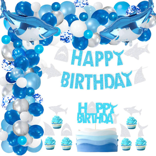 Shark Birthday Party Decoration Shark Happy Bday Party Banner Cake Cupcake Toppers Balloons Kit Arch for Under The Sea/Little Shark/Ocean Animals Shark Theme Baby Shower Boy Birthday Supplies Decora