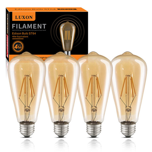 LUXON LED Edison Bulbs,Dimmable,4Watt(Equivalent 40W),2700K Warm White,ST64 Amber Glass Antique Vintage Style Filament Edison Light Bulbs,E26 Base,CRI 90+,Pack of 4