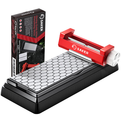 Saker Honing Guide with Whetstone - Red Off-Center Upgraded Honing Tool and Diamond Sharpening Stone Set Kit for Knife, Short Chisels and Planes, Fine/Coarse Plate, 400/1000/Grit