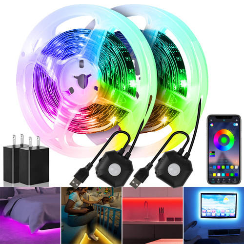 2 Set 9.84ft Motion Sensor Under Bed Lights, App Control Bed Led Lights,Motion Activated LED Light Strip, Night Strip Light, Stairs Light with USB 5V Color Changing LED Lights for Cabinet Bedroom