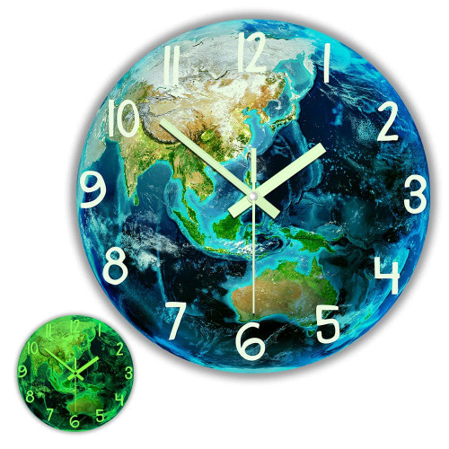 The Geeky Days Earth Planet Night Vision Glow in The Dark Wall Clock, Battery Operated Silent Quartz Solar System Space Blue Star Luminous 15inch Acrylic Print Hanging Watch for Bedroom