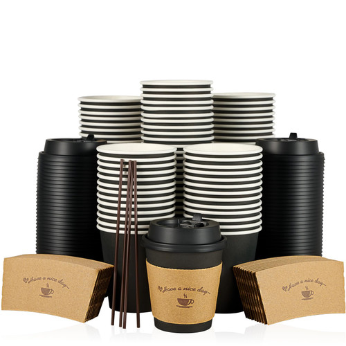 100 Pack 10 oz Paper Coffee Cups, Drinking Cups for Cold/Hot Coffee Chocolate Drinks, Disposable Coffee Cups with Lids, Sleeves and Stirring Sticks, Black Hot Coffee Cups for Home, Stores and Cafes.