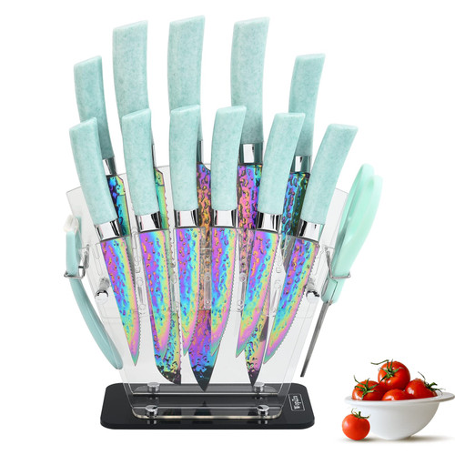 WopZra Rainbow Knife Set, Kitchen Knives Set with Acrylic Block, Thick Blade Cutlery Knife Block Set, Chef Sharp Quality for Home & Pro Use, Best Gift (Teal Handle)
