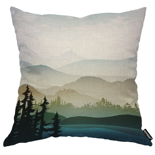 AOYEGO Nature Landscape Throw Pillow Cover Mountain Forest and Lake Summer Green Plant Fog River Park Pillow Case 18x18 Inch Decorative Cotton Linen Square Cushion for Home Couch Bed