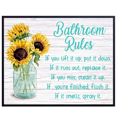 Bathroom Rules Wall Decor - Sunflower Wall Decor - Rustic Country Farmhouse Bathroom Decor - Powder Room Decor - Funny Blue Bathroom Decor - Restroom Sign - Bath Wall Art - Decorations - Unframed 8x10
