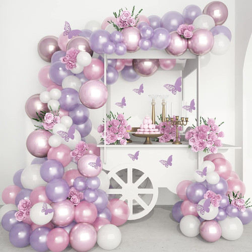 TOPLLON Pink Purple Balloon Garland Kit 135 Pcs, Butterfly Baby Shower Decorations for Girl 12 Pcs Butterfly Stickers Pearl White Lavender Balloon Arch for Wedding Birthday Party Decorations