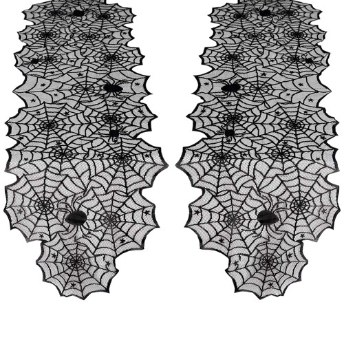 Halloween Table Runner 2 Pieces 18x72 Inches Spider Web Table Runner Black Lace Runners for Halloween Party Black Spooky Dinner Table Decorations