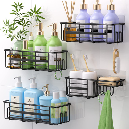 TOPCHASE Shower Caddy Shower Organizer, 4 Pack Shower Shelves for Inside Shower, Rustproof Adhesive Shower Storage Rack With Built-in Soap Dish, Large Capacity, Black Bathroom Organizer for Shower