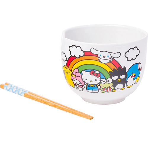 Silver Buffalo Sanrio Hello Kitty and Friends Rainbow Ceramic Ramen Rice Bowl with Chopsticks, 20 Ounces, White/Multi